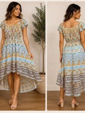 Anthropologie RAGA NWT Blue Paisley High Low Dress Boho Summer sz S